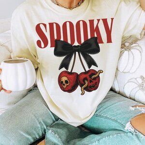 Spooky Skull Cherry Bow Halloween Tee, Graphic Tee